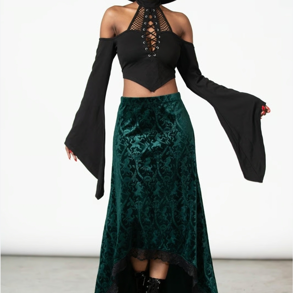 Killstar Emerald Velvet A-Line Skirt With Unicorn Print